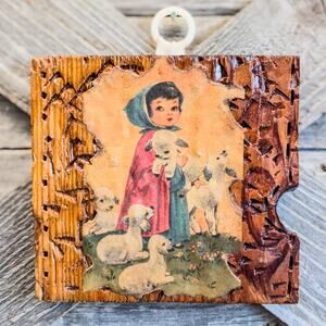 1970’s Vintage Farm Girl w/ Baby Lamb Decoupage on Wood-Wall Art-Folk Art-5.25”H